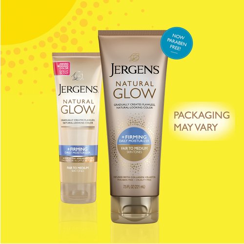 Jergens Natural Glow +FIRMING Body Lotion, Fair to Medium Skin Tone, 7.5 Ounce Sunless Tanning Daily Moisturizer with Collagen and Elastin. Helps to Visibly Reduce Cellulite