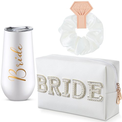 3 Pcs Wedding Bride Gift Set Include 6 oz Stainless Steel Wine Tumbler Bride Letter Cosmetic Toiletry Bag Silk Scrunchies Letter Patches Makeup Bag Hair Tie Wedding Gifts(Bride+Bride)