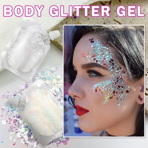 CAHIUYOA 2PCS White Silver Face Glitter Gel Holographic Glitter Gel for Body Hair Lip Glitter Makeup Long Lasting Waterproof Sequins Glitter for Halloween Concert Rave Party Accessories
