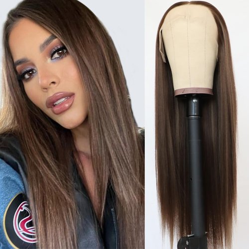 Lezaxiu Brown Lace Front Wigs Pre Plucked Ready to Wear Wigs Glueless Auburn Brown Wigs Long Straight Hair Wig Heat Resistant Synthetic Lace Front Wigs for Fashion Women Natural Hairline