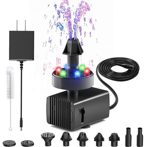24-Hours Working Bird Bath Fountains Electric, Jutai Adjustable Quiet Water Fountain Pump with LED Lights for Garden,Small Fish Tank, Pond,Water Features - 7 Nozzles,16.4Ft Power Cord