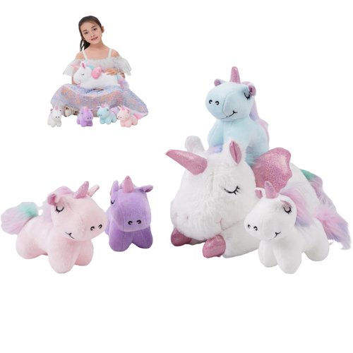 16 Inch Soft Unicorn Stuffed Animals PlaySet Cuddle Plush Mommy Unicorn with 4 Baby Unicorn Rainbow Flying Unicorn Plush Pillow Toy with Wings for Kids and Lovers