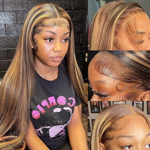 Mayouda Hair HD Lace Front Wigs Straight Glueless Synthetic Long 13x4 Highlight Brown Straight Lace Front Wig With Natural Baby Hair Wig Pre Plucked Glueless Wigs (30Inch, Highlight Brown)