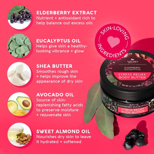 Nature's Beauty Elderberry Eucalyptus Stress Relief Body Butter Multi-Pack - Luxury Moisturizer, Unwind + Restore Your Skin, Made w/Shea Butter, Avocado + Sweet Almond Oil, 6.7 oz (2 Pack)