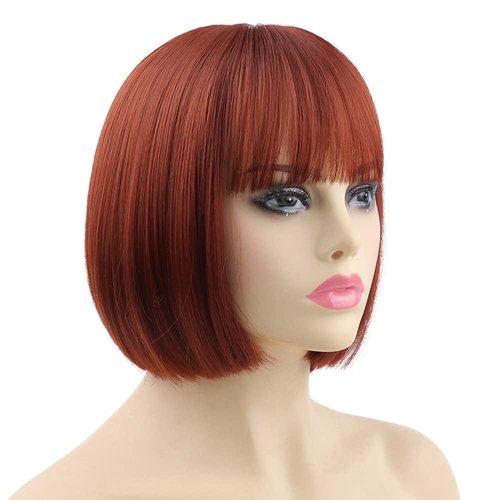 SYXLCYGG Bob Wig Short Red Wigs Synthetic 10" Straight Womens Hair Wig With Bangs Girl Cosplay Party White Women Daily (Free Wig Cap)