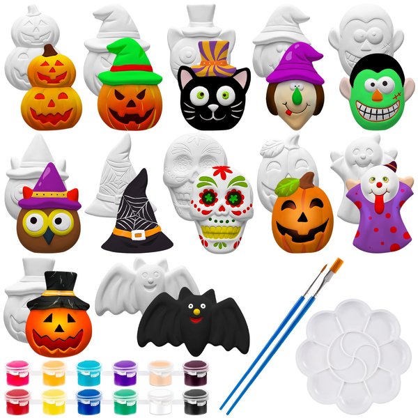 WDAHDHP DIY Halloween Painting Kit, 12Pcs Ready to Paint Your Own Pumpkin Ghost Bat Figurines, Unpainted Crafts with Brush Palette Paint for Girls Boy Halloween Gifts Toys