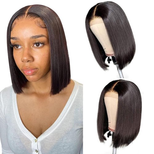 JINREN 14Inch 4x4 Short Bob Wigs Human Hair Lace Closure Wigs Brazilian Virgin Hair Straight Bob Wigs For Black Women 180% Density Natural Color Pre Plucked with Baby Hair