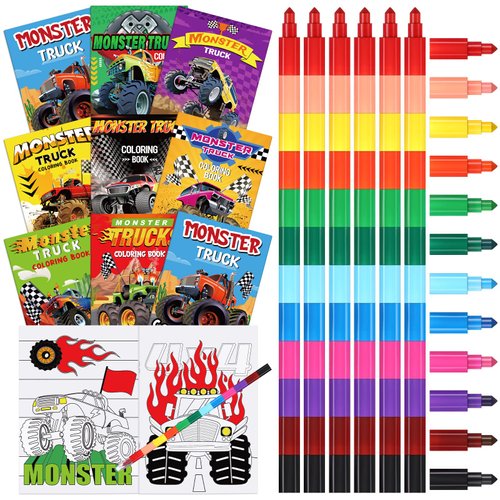 24 Pcs Monster Truck Coloring Books Bulk with 24 Stacking Crayons Monster Truck Party Favors Activity Books Classroom Gifts for Truck Themed Birthday Party Supplies