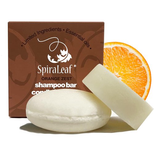 SpiraLeaf Shampoo Bar & Conditioner Bar Set, ORANGE ZEST Pure Essential Oils, Light Scent, Limited Ingredients, Concentrated Formula, Made USA, Zero Waste, Color-Fragrance Free, Travel Ready