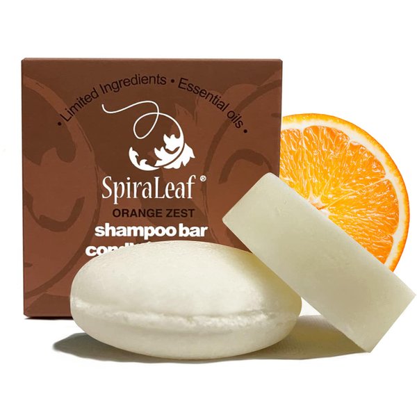 SpiraLeaf Shampoo Bar & Conditioner Bar Set, ORANGE ZEST Pure Essential Oils, Light Scent, Limited Ingredients, Concentrated Formula, Made USA, Zero Waste, Color-Fragrance Free, Travel Ready