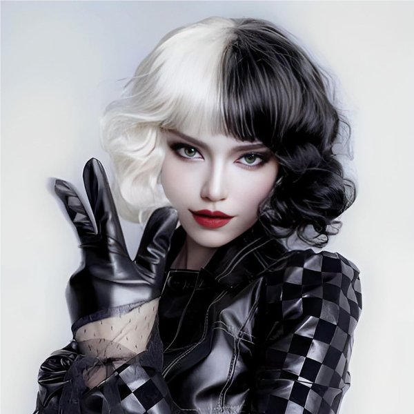 YuanYouTong Black and White Wig for Women Cruella Deville Wig Short Curly Wavy Bob Wigs with Bangs Heat Resistant Synthetic Hair Wig for Daily Costume Cosplay Halloween Party Use