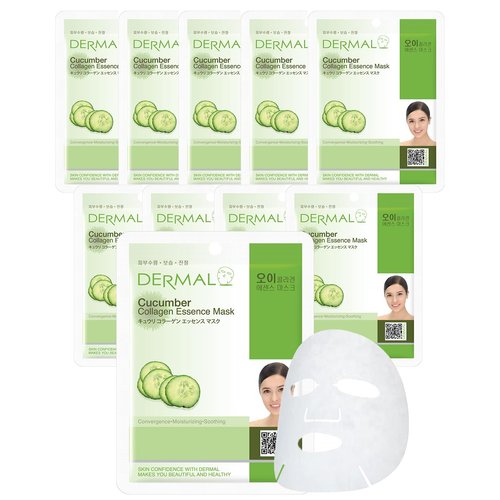 DERMAL Cucumber Collagen Essence Facial Mask Sheet 23g Pack of 10 - Soothing & Moisturizing, Redness & Sunburn Relief, Daily Skin Treatment Solution Sheet Mask