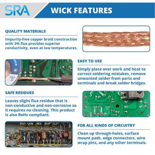 SRA Soldering Wick with Flat Woven Copper Desoldering Braid Strip and No Clean Flux for Easy Damage-Free Solder Removal - 3 Pack 10 Foot Solder Wick Spool