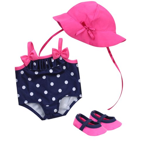 Sophia's 15" Inch Baby Doll Clothes Outfit Set, 3 Piece Summer Navy Polka Dot Bathing Suit Set with Pink Swim Shoes and Sun Hat