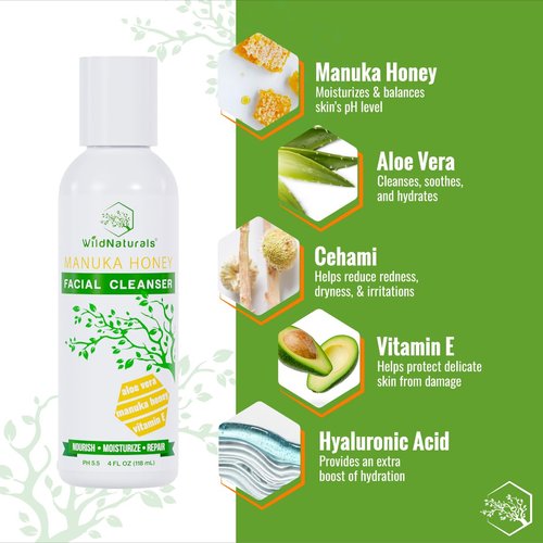 Wild Naturals Gentle Manuka Honey Face Wash - Eczema Facial Cleanser with Aloe Vera Extract, Hydrating & Soothing for Dry, Sensitive Skin - Repairs & Nourishes Irritated & Damaged Skin