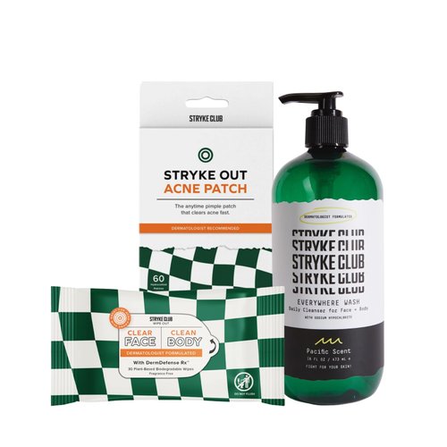 Stryke Club Acne Defense Kit, Gentle Face and Body Cleanser, Body Wash and Acne Wipes, Hydrocolloid Acne Patch, Treats and Prevents Breakouts, For Teens, Dermatologist Formulated Ingredients