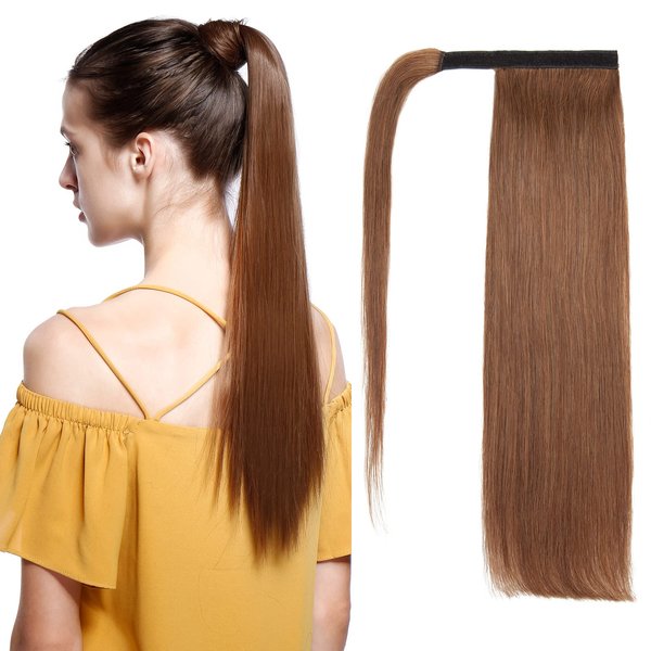 Brown Remy Human Hair Clip in Ponytail Hair Extensions Wrap Around Pony Tails Hairpiece Comb Binding Long Straight One Piece Hair for Women 14 inch Light Brown #6