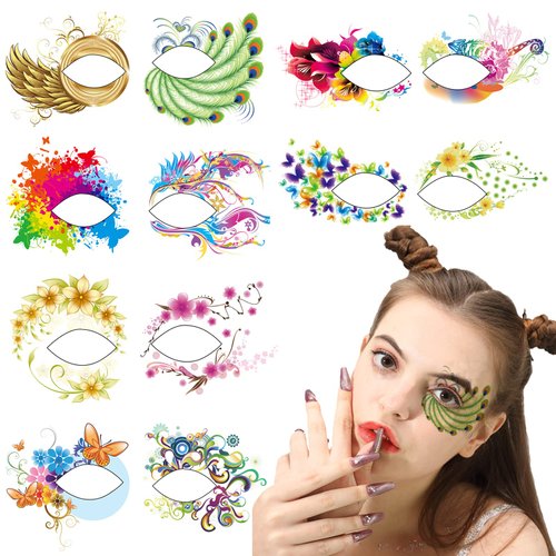 Eye Tattoo Stickers Halloween Eye Shadow Temporary Tattoo Stickers 12 Pcs Eyeliner Decals Butterfly Flower Face Fake Makeup for Women Girls Halloween Masquerade Party