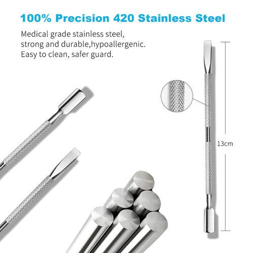 HaimiLiya Cuticle Pusher Dual-end Dead Skin Nail Pusher Nail Dirt Cleaner Tool Gel Polish Remover Tool, 420 Stainless Steel, Silver, G008