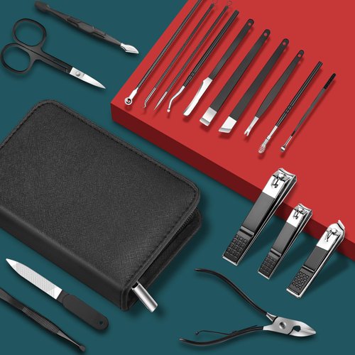 DUAIU Manicure Set, 18pcs Professional Nail Clippers Manicure And Pedicure Kit, Stainless Steel Facial Fingernail Tone Nail Care Kit with Zipper Bag