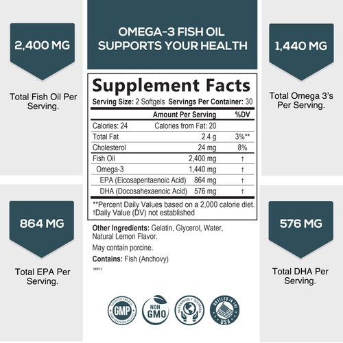 Fish Oil 2400 mg with Omega 3 EPA & DHA - Triple Strength Omega 3 Supplement - Omega 3 Fish Oil Supports Heart Health, Nature's Brain & Immune Support - Non-GMO Fish Oil Supplements - 60 Softgels