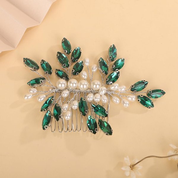 Teyglen Emerald Green Rhinestone Wedding Hair Comb Bridal Pearl Crystal Hair Comb Hair Accessories for Bride Headpiece Hair Piece for Women (Peacock green)