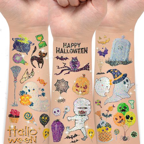 EMOME 180 + Styles Glitter Tattoos for Halloween Decorations, Halloween Tattoos for Kids Party Favors Supplies, Halloween Candy Bags with Witch Ghosts Pumpkin Stickers (15 Sheets)