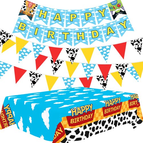 PPXMEEUDC Cartoon Story Party Decorations Blue Sky White Cloud Tablecloths Cloud Cow Print Banner Flags Hanging Decorations for Birthday Baby Shower Cartoon Story Party Supplies