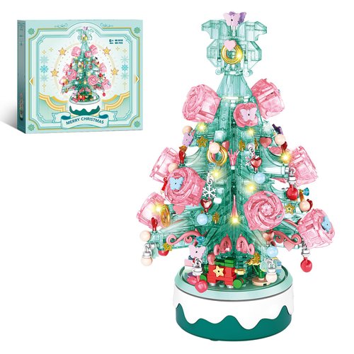 900 Pieces Green Christmas Tree Building Set, Music Box with LED Lights, Rotating Christmas Ornaments for Kids, Holiday 2024 Decoration