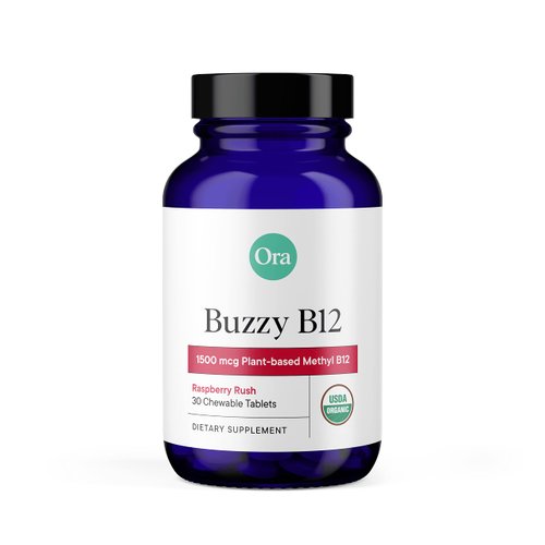 Ora Organic Vitamin B12 1500mcg - plant-based methylcobalamin for adults - Natural stimulant-free energy, Raspberry flavor chewable tablets, no added sugar - 30 tablets