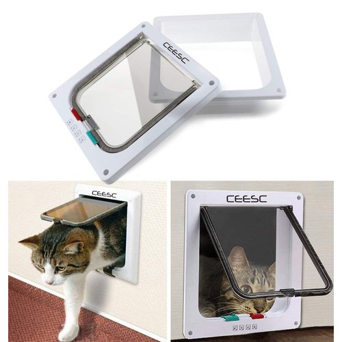 CEESC Cat Flap Door Magnetic Pet Door with 4 Way Lock for Cats, Kitties and Kittens, 2 Sizes and 2 Colors Options (L- Inner Size: 7.08"(W) x 7.48"(H), White)