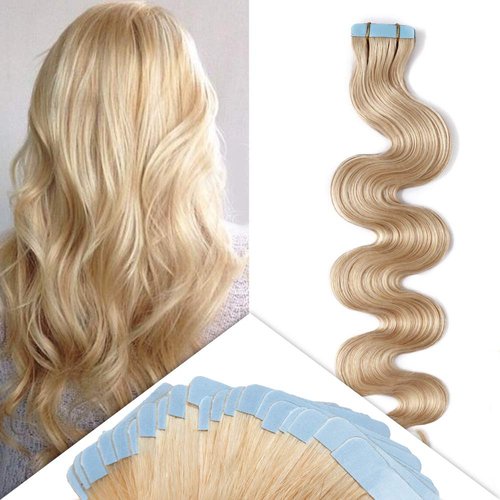 Hairro Tape in Human Hair Extensions 18 Inch Wavy 50g 20pcs/pack Thin Long Hair Seamless Skin Weft Glue in Body Wave Human Hairpieces with Invisible Double Sided Tape #613 Bleach Blonde