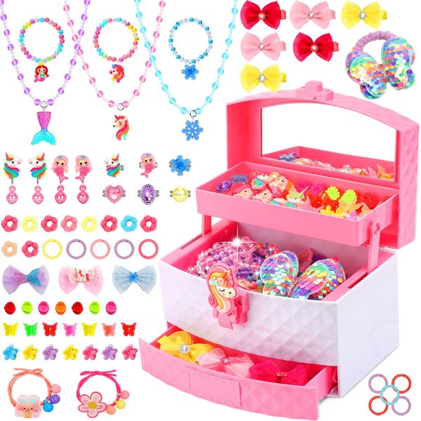 Kids Jewelry for Girls, 68Pcs Toddler Jewelry Toys Princess Dress Up Jewelry Set, Necklaces, Bracelets, Kids Rings, Hair Ties, Hair Clips, Funny Christmas Birthday Gifts for 3 4 5 6 7 8 Year Old Girl