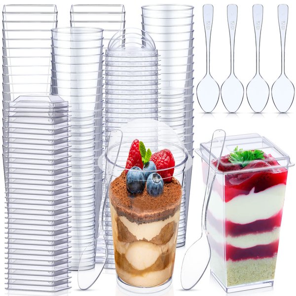 Nuogo 3 oz Mini Dessert Cups with Lids and Spoons Dessert Cups Clear Plastic Shooter Cups Square Parfait Cups with Lids Round Disposable Dessert Cups Containers for Party Appetizer Pudding (200 Pack)