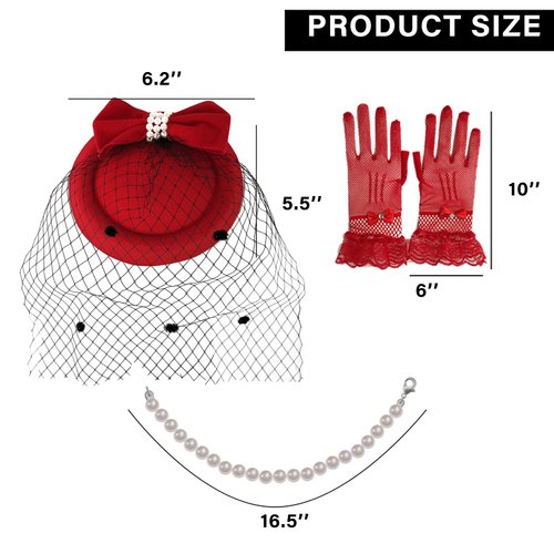 Cenbee Women's Fascinators Veil and Retro Charming Mesh Hat with Lace Gloves Imitation Pearl Necklace,Suitable for 1920s or 1950s Vintage Tea Party Cocktail Hall Wedding Church Derby Hat Set. Red