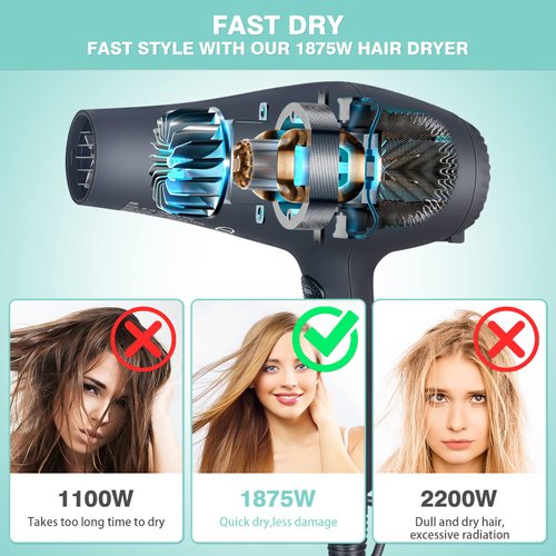 1875w Professional Tourmaline Hair Dryer,Negative Ionic Salon Hair Blow Dryer,DC Motor Light Weight Low Noise Hair Dryers with Diffuser & Concentrator & Comb