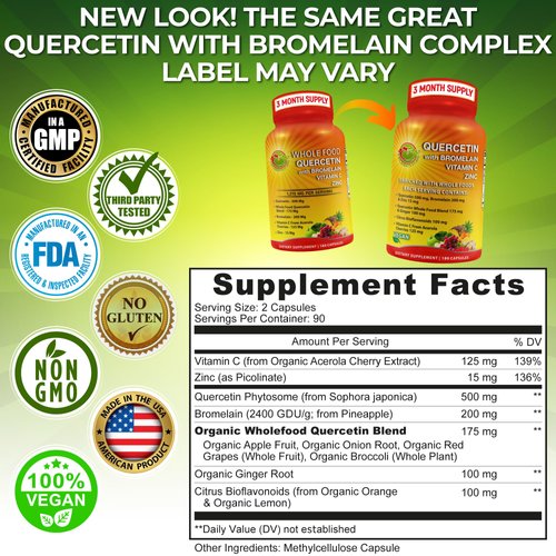 Quercetin with Bromelain Vitamin C and Zinc with Organic Whole Food Quercetin Blend - 1215mg per Serving - Phytosome Quercetin 500mg Capsules with Ginger and Flavonoids for Immune Support - 180 count