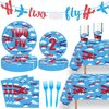 115 Pcs Airplane 2nd Birthday Party Decor Two Fly Paper Plates Napkins Forks Cups Tablecloth Banner Dinnerware for Aviation Theme Boys Boys 2nd Birthday Party Supplies Decorations