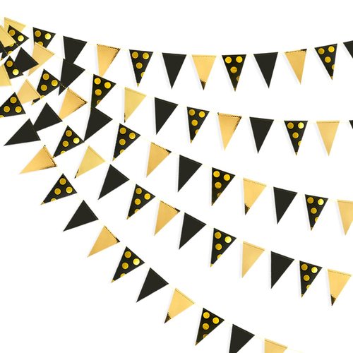 30Ft Black Gold Party Decorations Polka Dot Pennant Banner Paper Circle Dot Triangle Flags Bunting Garland for Wedding Bridal Shower Birthday Bachelorette Engagement Anniversary Holiday Party Supplies