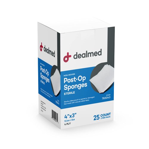 Dealmed Sterile Post-Op Gauze Sponges – 25 Count, 4-Ply, 4’’ x 3’’ Gauze Pads, Packages of Two, Individually Wrapped Non-Woven Gauze Sponges, Wound Care Product for First Aid Kit/Medical Facilities