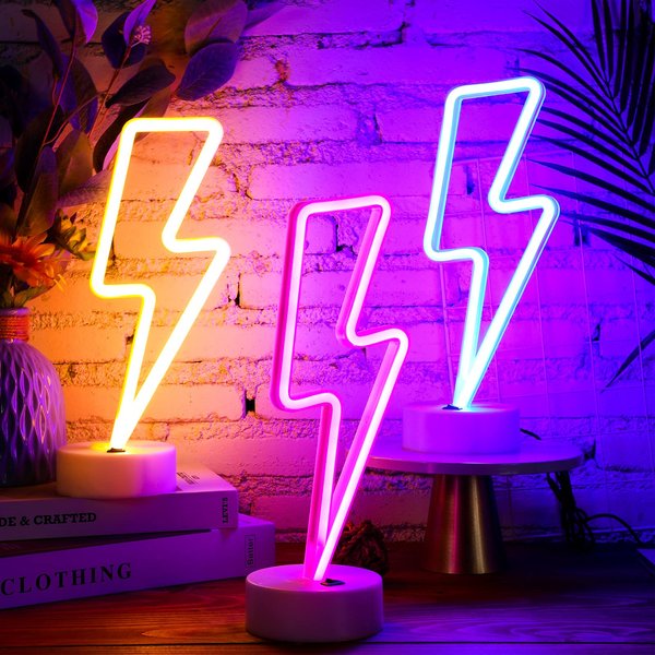 3 Pcs Lightning Neon Signs Cute Neon Lights Room Lights with Base Neon LED Lightning Sign USB or Battery Operated Teen Girls Gift for Christmas Birthday Wedding Party Kids Room Decor