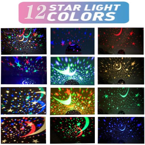 Borelor Star Night Light for Kids, 12 Color Changing Lights Modes with USB Cable, 360°Rotating Moon Star Projector Desk Lamp for Bedroom Party Decor & Girls Birthday Gift（Blue）