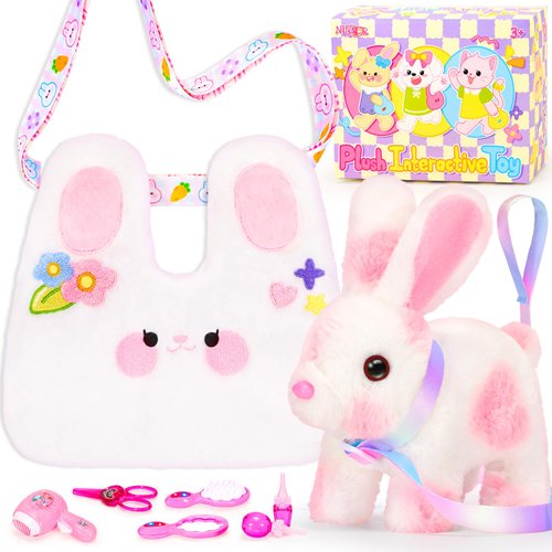 NINAOR Bunny Toys for Kids with Crossbody Bags, Interactive Rabbit Toys with Sounds Jumping Wiggling Ears, Pretend Play Robot Pet Care Cute Stuff for Girls Trip Plushies Easter Basket Birthday Gifts
