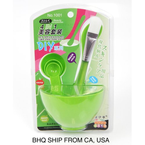 4 in 1 DIY Facial Face Mask Tool Set Mixing Bowl Brush Stick Spoon Make Up Tools, Green