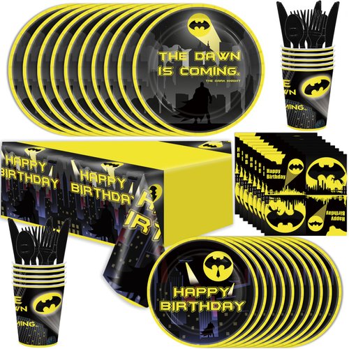 USERTEN 81pcs Bat Superhero Cityscape Theme Party Supplies 10-Person Party Disposable Tableware Kids' Birthday Table Decor Super Hero Cityscape Theme Paper Plates Cups Napkins and Other Decorations