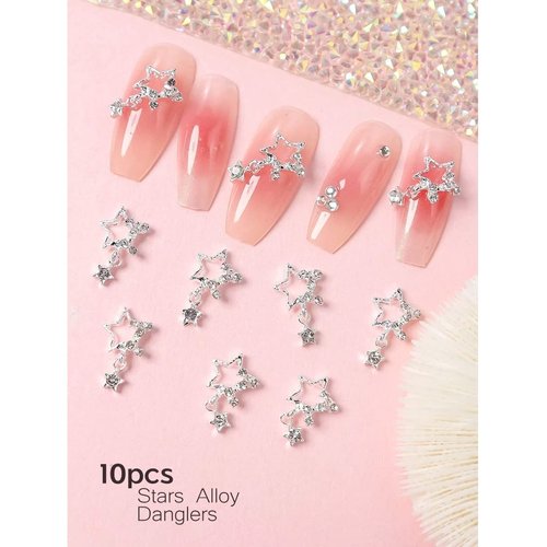 qiipii 20Pcs Star Nail Charms for Acrylic Nails 3D Silver Stars Nail Rhinestones Nail Gems Jewels Pentagram Cute Crystal Diamond Alloy Studs Nail Art Supplies Decor for Nails Face Makeup Crafts DIY