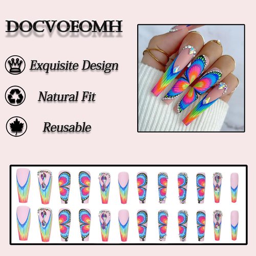 DOCVOEOMH Square Press on Nails Long Rainbow Butterfly Fake Nails with Rhinestones Design Full Cover French Acrylic False Stick Glue on Nails for Women and Girls 24PCS