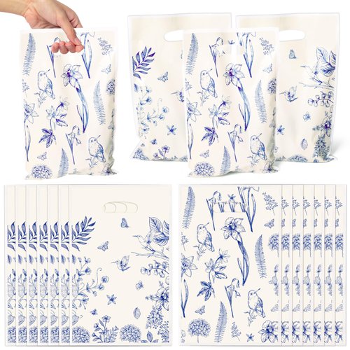 ArowlWesh Blue and White Floral Bird Party Favor Bags - 50Pcs Plastic Sketch Birds Flowers Candy ...