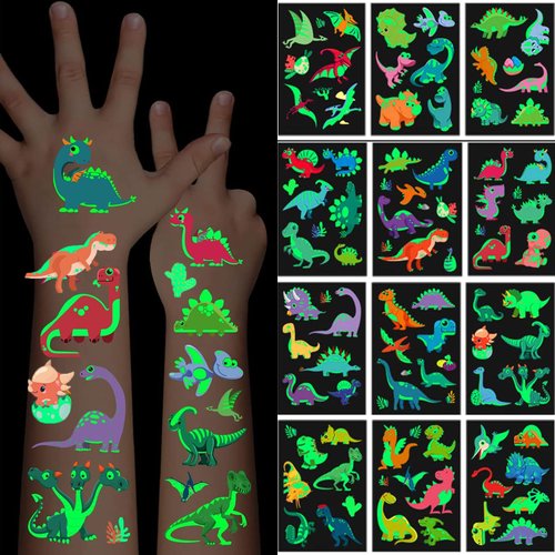 Luminous Temporary Tattoos for Kids, 102Pcs Dinosaur Cartoon Glow in the Dark Tattoos, Waterproof Fake Tattoos Body Face Stickers Designs Decorations, Birthday Party Favor Supplies Gifts for Children