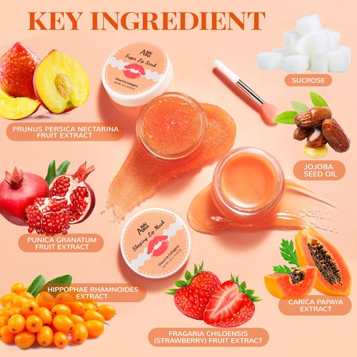 ANAI RUI Lip Mask & Lip Scrub Set, Stocking Stuffers Lip Care Kit, Overnight Lip Treatment with Lip Sleeping Mask & Sugar Lip Exfoliator Scrub, Lip Moisturizer for Dry, Chapped, Dark Lips, Peach